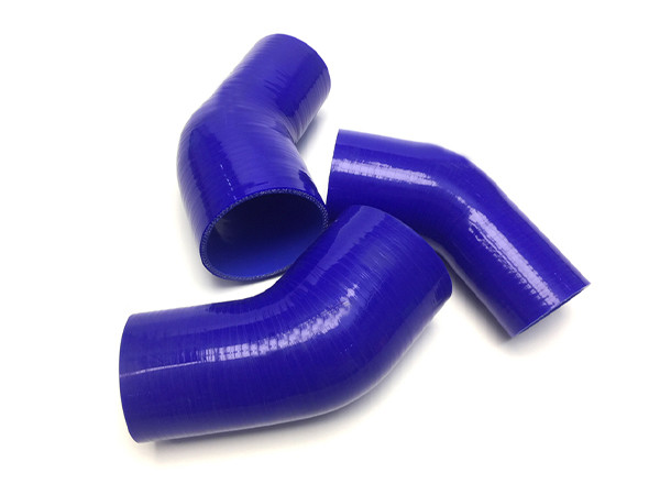 3 purple 45° silicone reducer hoses on a white background