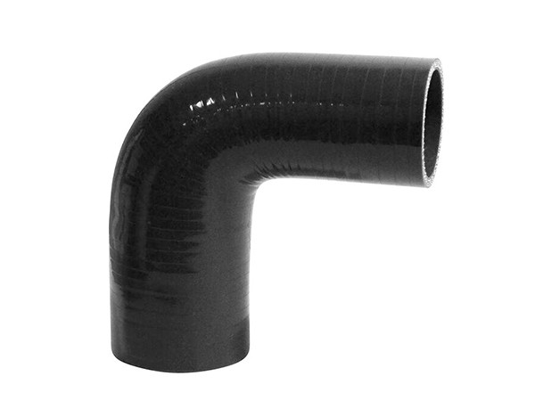 3 black 90° silicone reducer hoses on a white