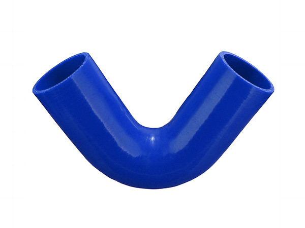 A blue 120° silicone elbow on a white background