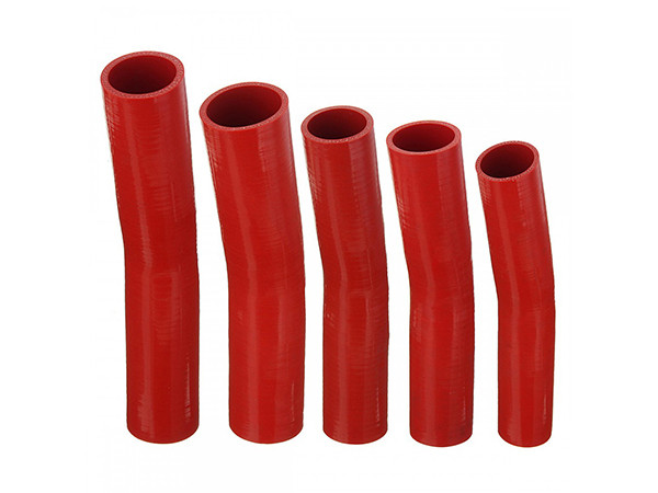 5 red 15° elbow silicone hoses in different lengths on the white background