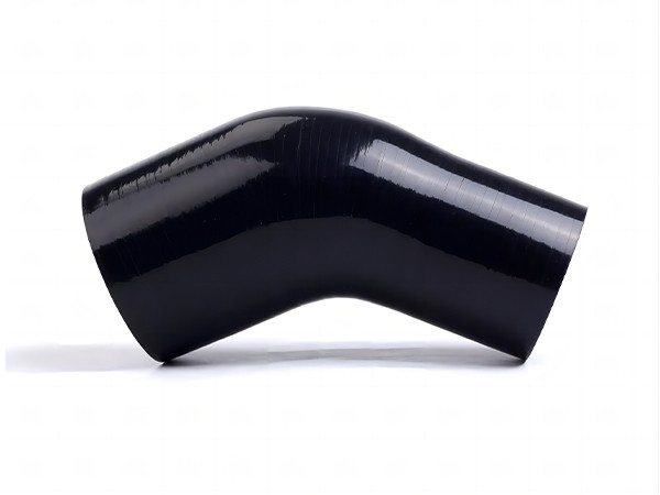 A black 45° silicone reducer hose on a white background