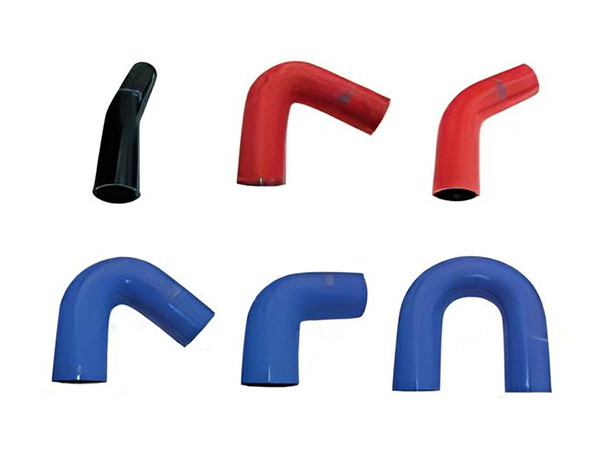 6 elbow silicone hoses with different bending radius on a white background