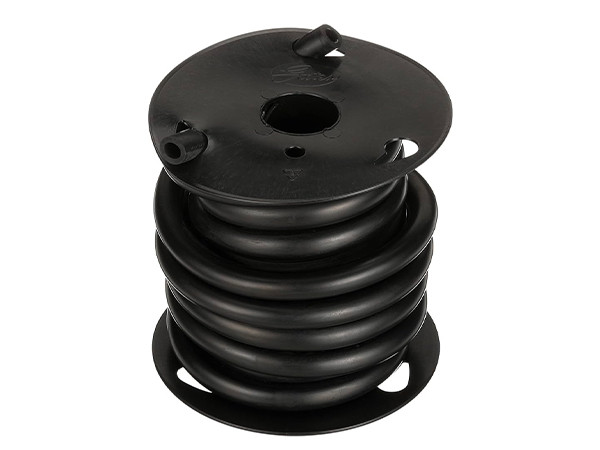 A roll of black silicone vacuum hose on a hose reel