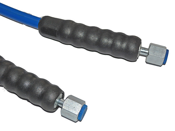 Both ends of a blue steel wire reinforced nylon resin hose
